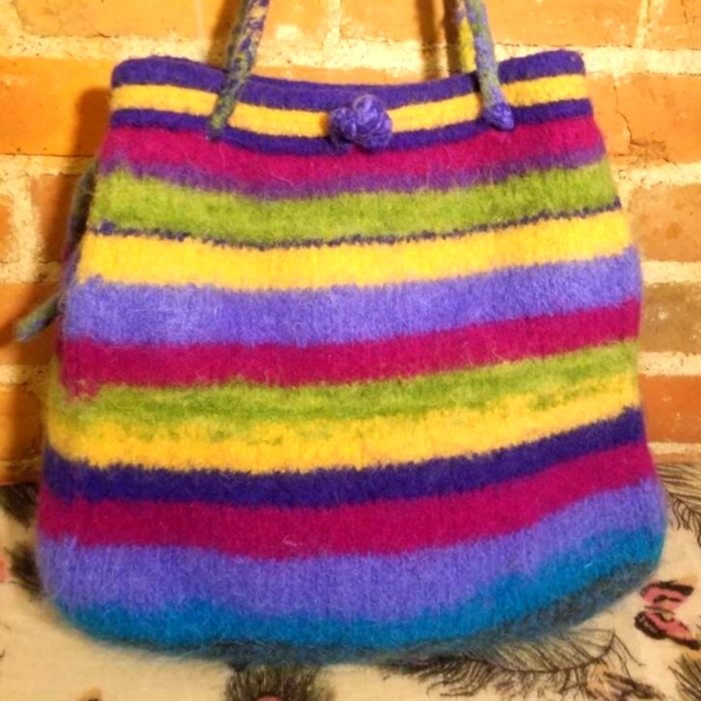 FELTED WOOL PURSE HANDMADE WOVEN KNIT BAG HIPPIE FESTIVAL FALL STRIPED RAINBOW